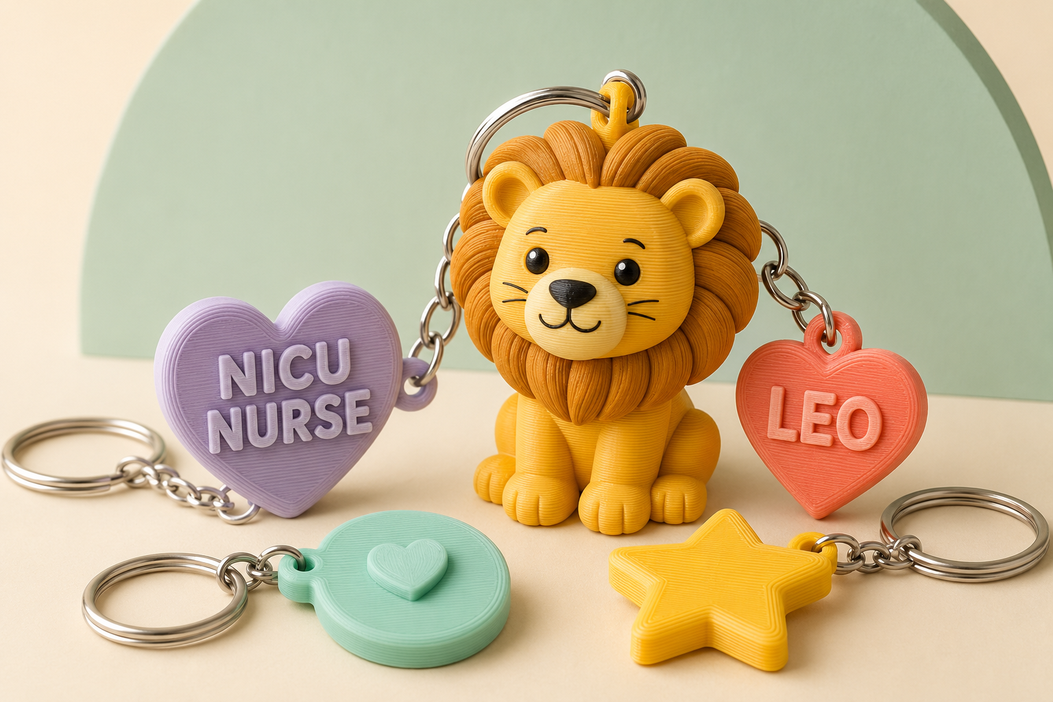 A playful 3D-printed little lion surrounded by colorful keychains